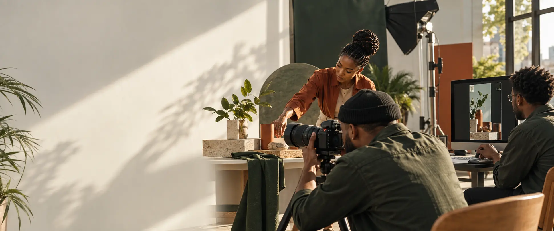 A fictional creative team producing campaign photography with a camera, set styling, and live image review.