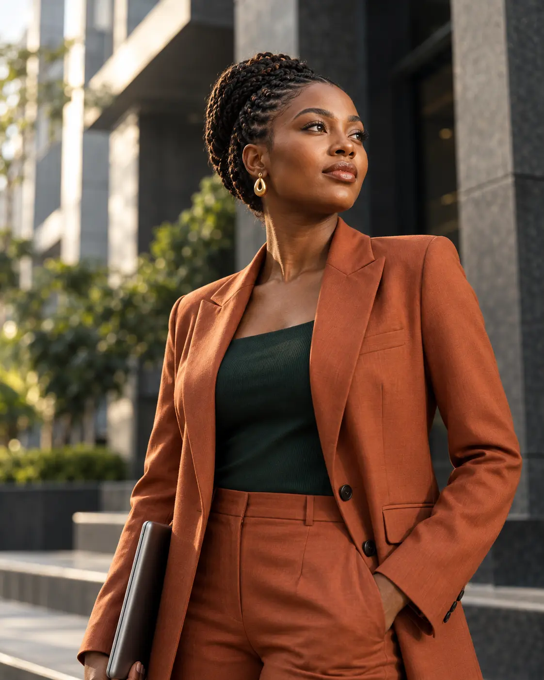 Woman in a terracotta suit holding a laptop outside a contemporary office building.