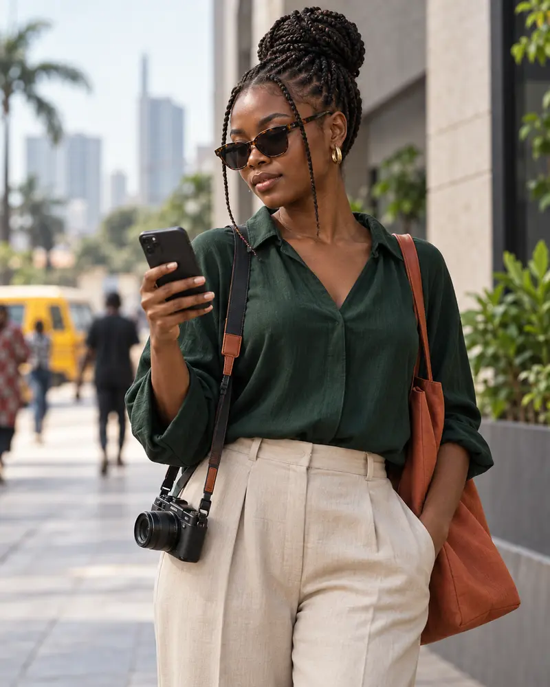 Woman checking a phone during a city photo walk, with a camera at her side.