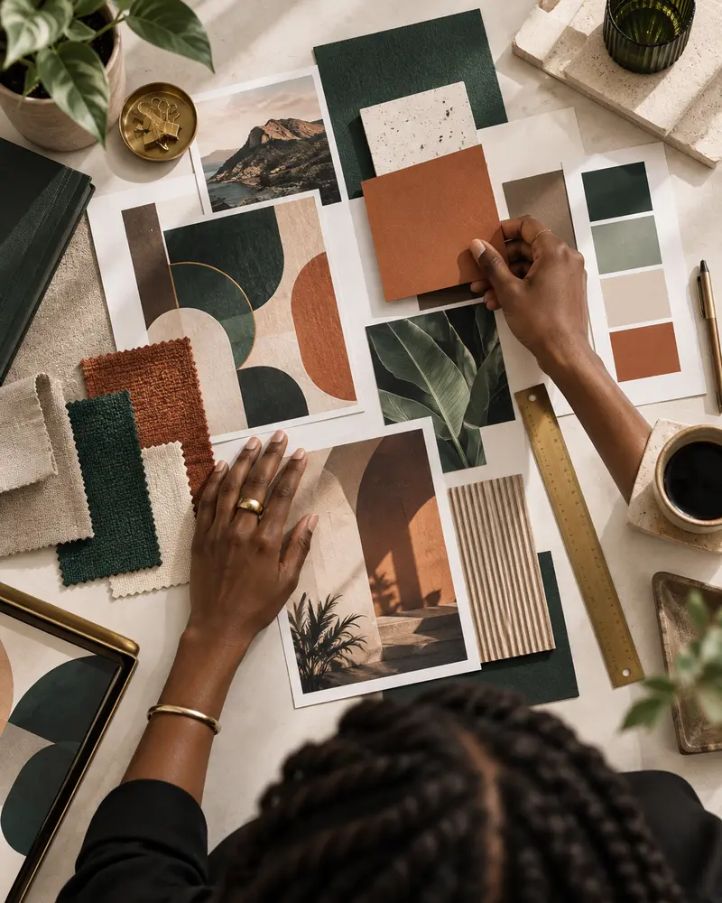 Hands arranging forest-green and terracotta materials on a brand moodboard.