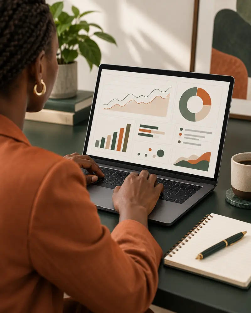 Person reviewing abstract charts on a laptop at a desk.