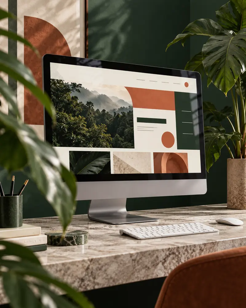 Editorial website layout displayed on a monitor in a plant-filled studio.